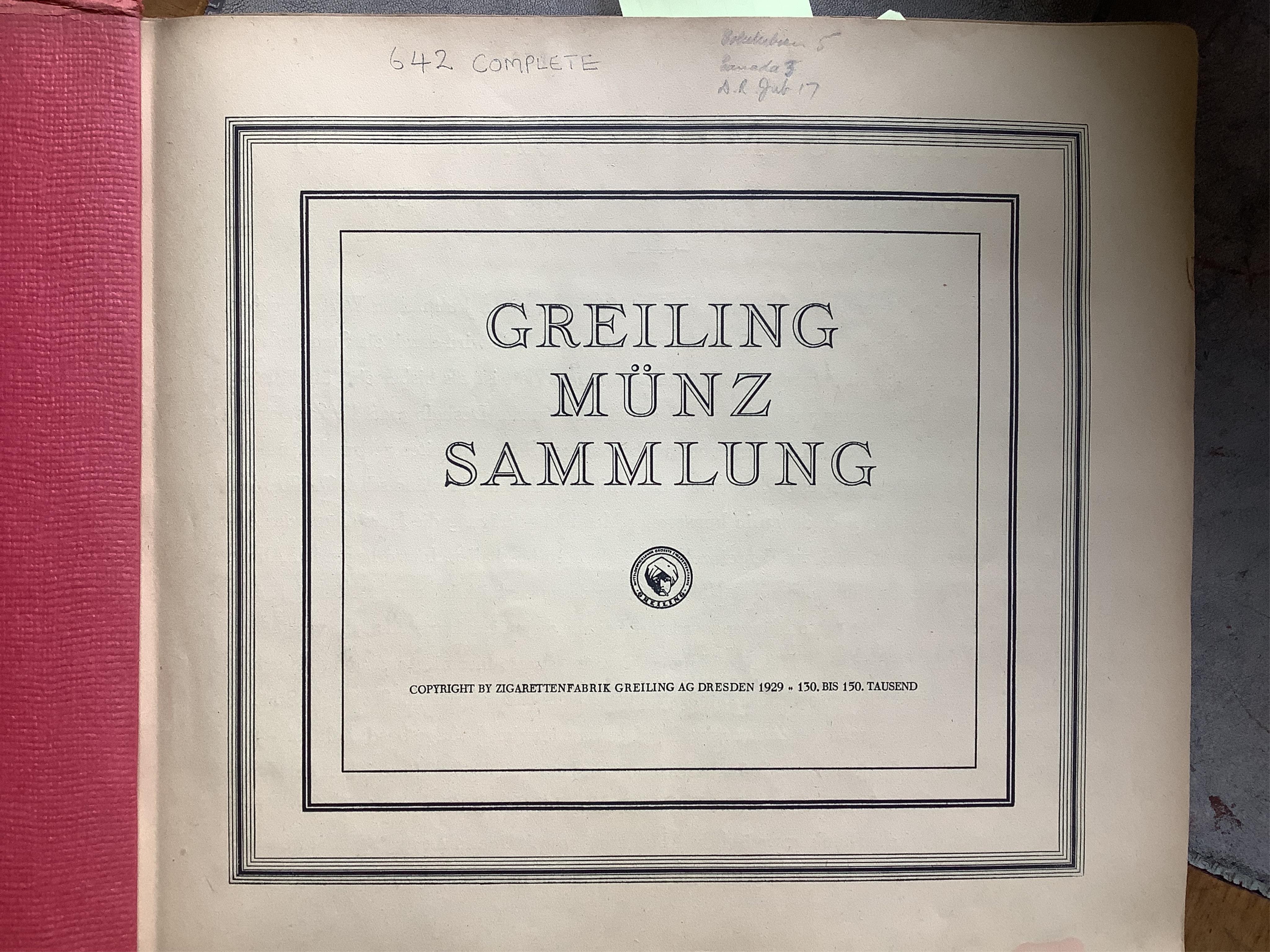 A complete Set of 1929 Greiling Munz Sammlung Coin Cigarette Cards, in original album, 641 total cards detailing coins of the world.